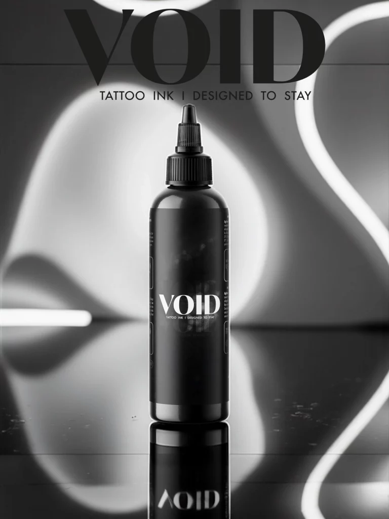 Void tattoo ink Flasche Plakat mit weißem abstrakten Hintergrund